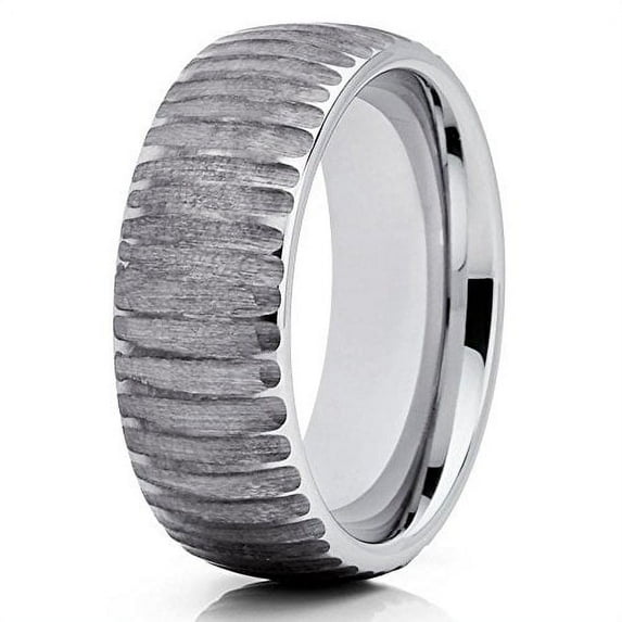 8mm Silver Tungsten Carbide Wedding Band Woodgrain Design Dome Gunmetal Gray Ring 10 (10)