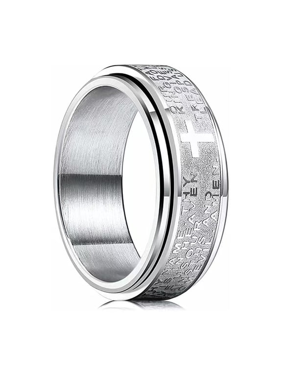 8mm Silver Women Lord's Prayer Cross Stainless Steel Spinner Ring for Anxiety Wedding Band Anxiety Cross Engraved Rings Spinner Stainless Steel Ring Mens