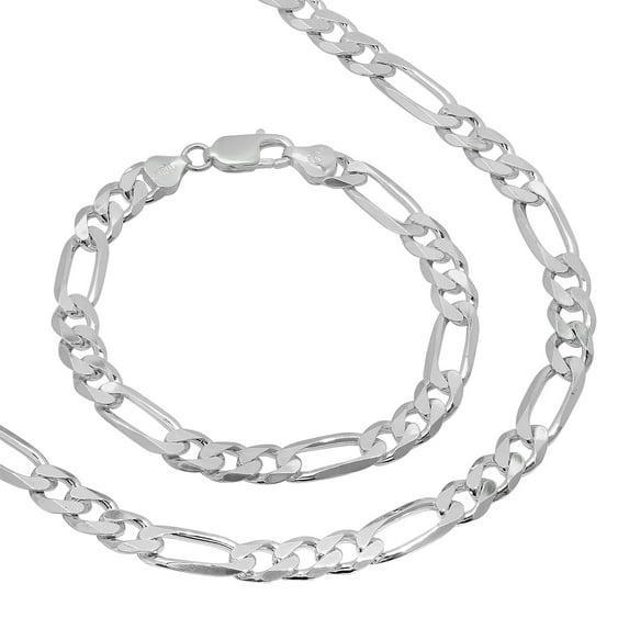 8mm Solid .925 Sterling Silver Flat Figaro Chain Necklace + Bracelet Set, 26" (Necklace) + 8" (Bracelet) + Gift Box