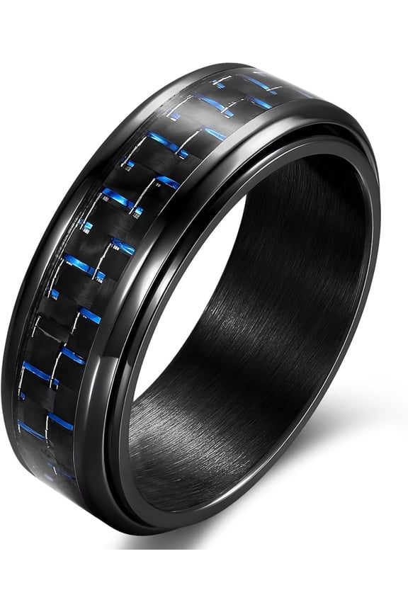 8mm Spinner Black/Blue/Silver Carbon Fiber Ring Black Spinner Anxiety Fidget Carbon Fiber Ring Wedding Band Stainless Steel Polished Finish Comfort Fit