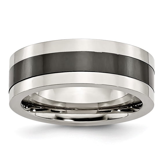 8mm Stainless Steel Base With Polished Black Ceramic Center Band Ring - Size 7.5