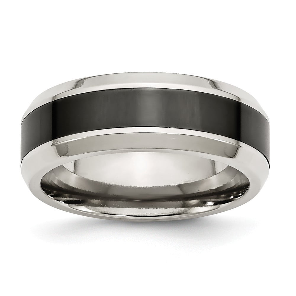 8mm Stainless Steel Base With Polished Black Ceramic Center Beveled Band Ring - Size 7.5