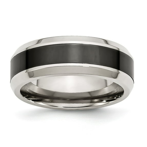 8mm Stainless Steel Base With Polished Black Ceramic Center Beveled Band Ring - Size 7.5