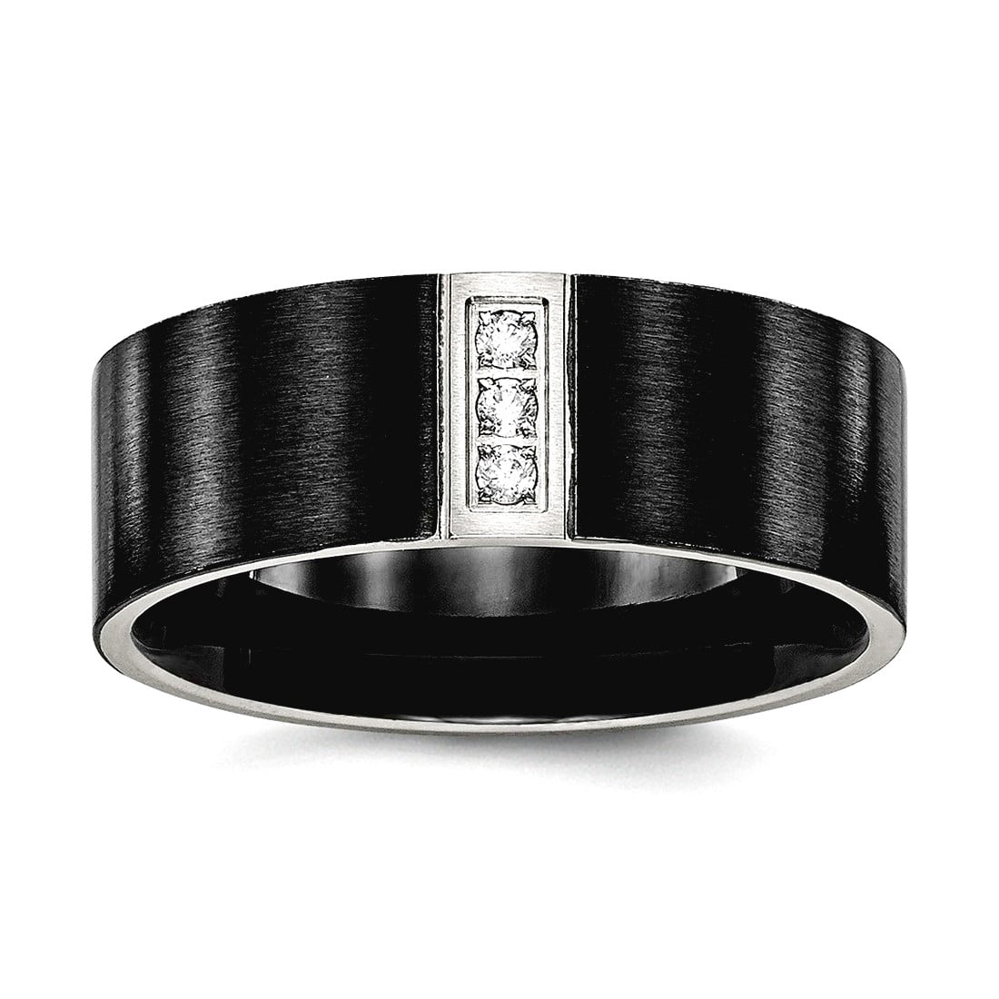 8mm Stainless Steel Brushed Black Ip Flat Three Cubic Zirconia Ring Size 10.5 Ring for Women