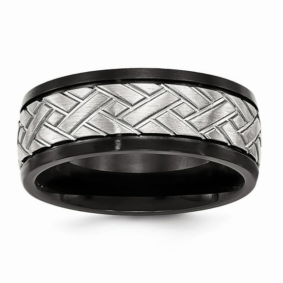 8mm Stainless Steel Brushed Black Ip Grooved Ring - Size 12.5