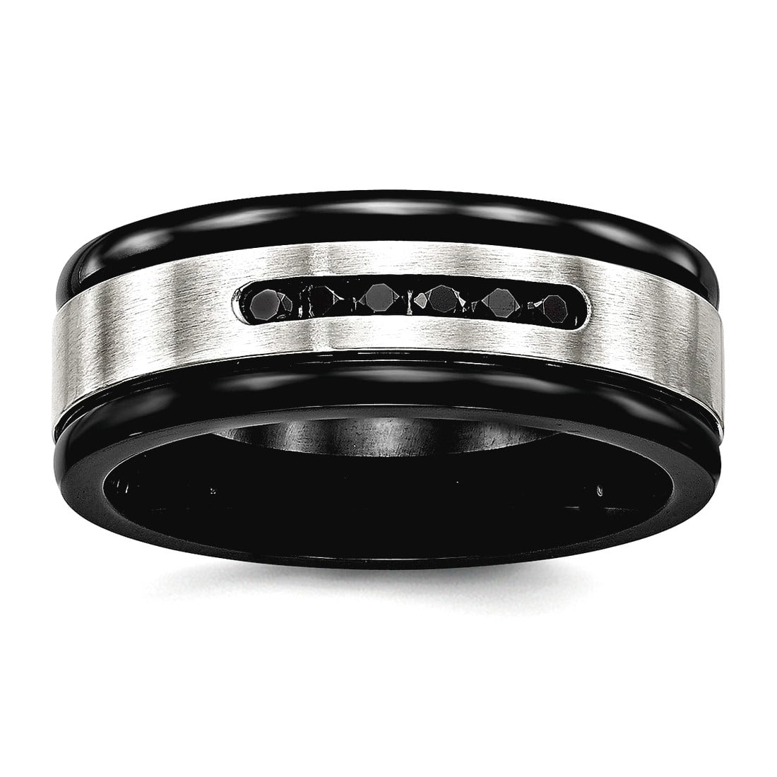 8mm Stainless Steel Brushed Polished Black Ip Grooved Blk Cubic Zirconia Ring Size 7 Ring for Women