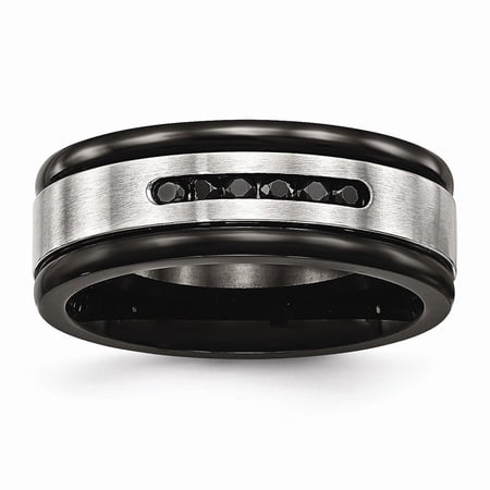 8mm Stainless Steel Brushed Polished Black Ip Grooved Blk Cubic Zirconia Ring - Size 12