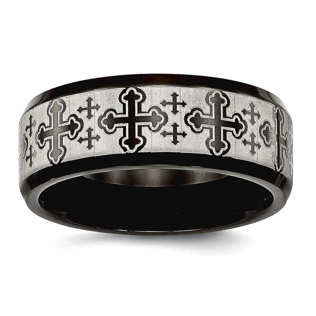 8mm Stainless Steel Brushed Polished Black Ip Laser Etched Pattern Ring Size 10.5 Ring for Women
