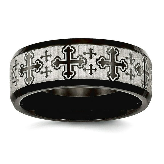 8mm Stainless Steel Brushed Polished Black Ip Laser Etched Pattern Ring Size 9.5 Ring for Women