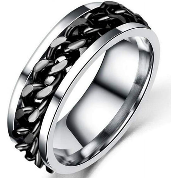 8mm Stainless Steel Chain Inlay Rotating Spin Wedding Band Biker Ring