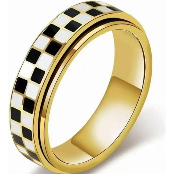 8mm Stainless Steel Checkerboard Chess Pattern Rotating SpinnerWedding Band Biker Statement Ring