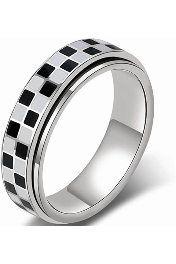 8mm Stainless Steel Checkerboard Chess Pattern Rotating SpinnerWedding Band Biker Statement Ring