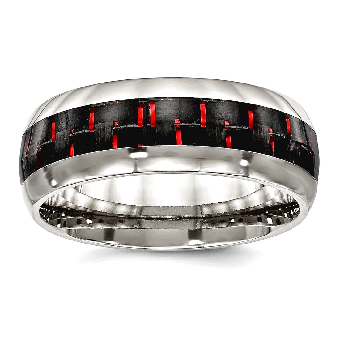 8mm Stainless Steel Polished Black Red Carbon Fiber Inlay Ring Size 8 Ring for Women