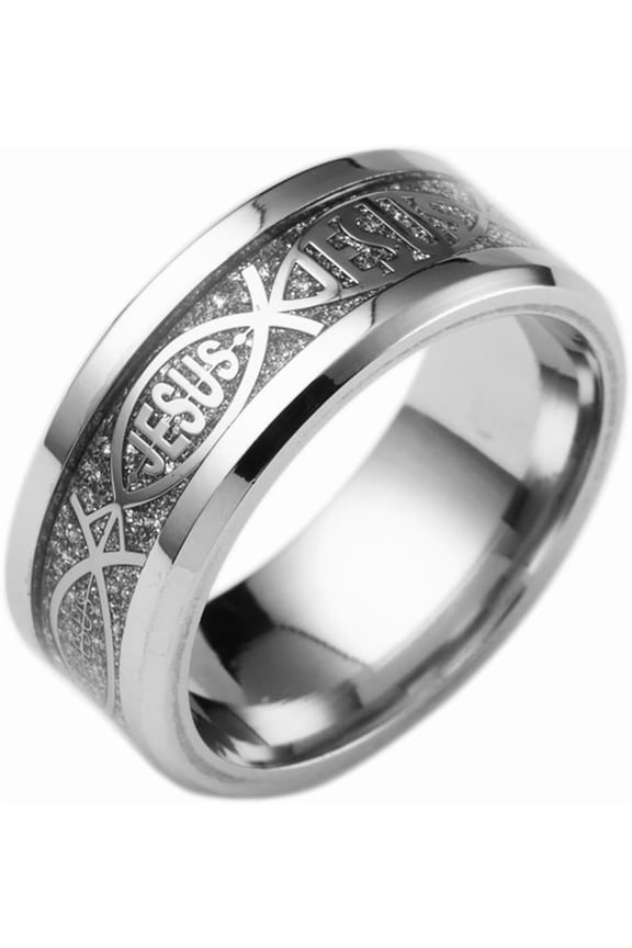 8mm Stainless Steel Jesus Fish Style Christian Religious Wedding Band Ring