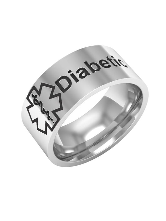 8mm Stainless Steel Medical Alert Diabetic Ring Diabetes Medical ID Band Ring for Men Women Grandpa,Grandma,Mom,Dad,Family Friend for Life Alert Sos Emergency Warning Silver,Size 6-12