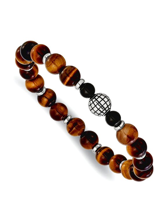 8mm Stainless Steel Oxidized and Polished Agate Tigers Eye 7 Inch Stretch Bracelet Stretch Bracelet for Women