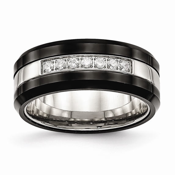 8mm Stainless Steel Polished Black Ceramic Cubic Zirconia Beveled Edge Ring - Size 10