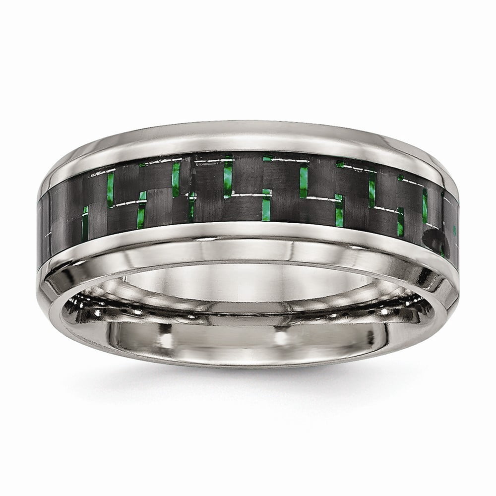 8mm Stainless Steel Polished Black Green Carbon Fiber Inlay Ring - Size 9