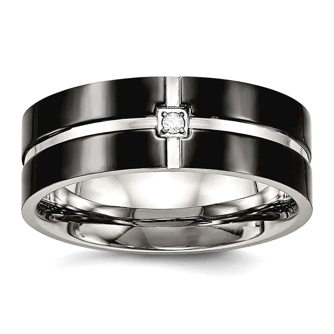 8mm Stainless Steel Polished Black Ip Grooved Cubic Zirconia Comfort Back Ring Size 12.5 Ring for Women