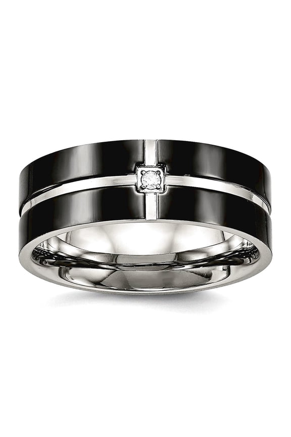 8mm Stainless Steel Polished Black Ip Grooved Cubic Zirconia Comfort Back Ring Size 7 Ring for Women