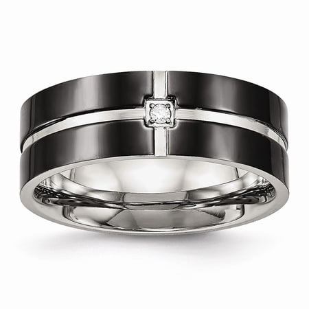 8mm Stainless Steel Polished Black Ip Grooved Cubic Zirconia Comfort Back Ring - Size 9.5