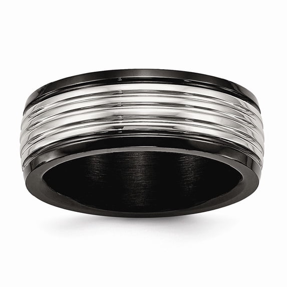 8mm Stainless Steel Polished Black Ip Grooved Ring - Size 10
