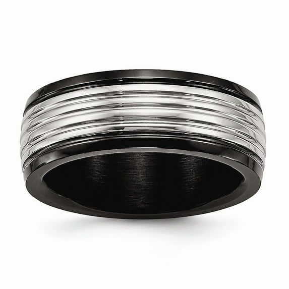 8mm Stainless Steel Polished Black Ip Grooved Ring - Size 7.5