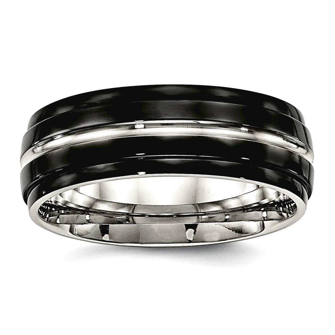 8mm Stainless Steel Polished Black Ip Ridged Edged Ring Size 11 Ring for Women