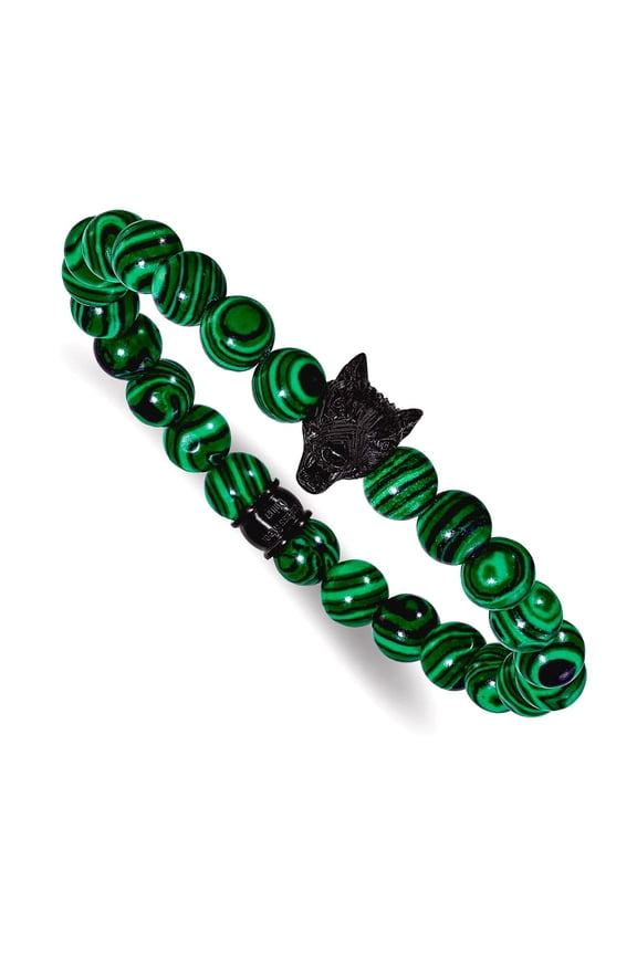 8mm Stainless Steel Polished Black Ip Syn Malachite Beaded 7 Inch Stretch Bracelet Stretch Bracelet for Women