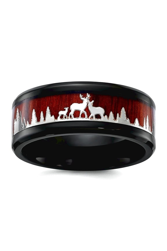8mm Stainless Steel Polished Black Ip With Wood Inlay Deer In Forest Design Band Size 11 Ring for Women and Men