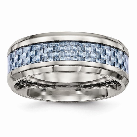 8mm Stainless Steel Polished Blue Carbon Fiber Inlay Ring - Size 12
