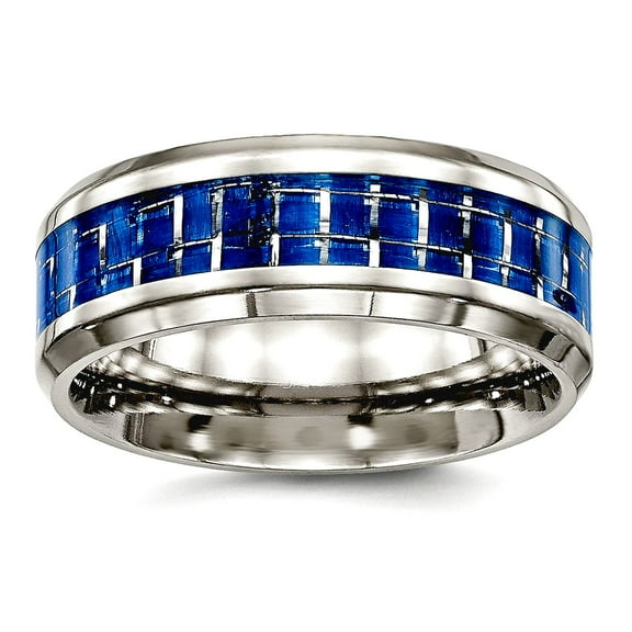 8mm Stainless Steel Polished Blue White Carbon Fiber Inlay Ring Size 10.5 Ring for Women