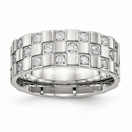 8mm Stainless Steel Polished Checkered Board Cubic Zirconia Ring - Size 10