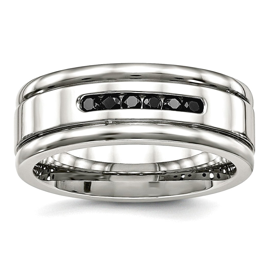 8mm Stainless Steel Polished Grooved Black Cubic Zirconia Ring Size 9 Ring for Women
