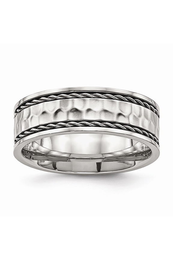 8mm Stainless Steel Polished Hammered Comfort Back Ring - Size 8.5