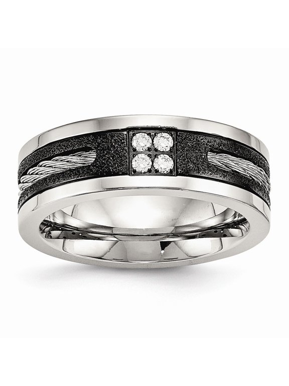 8mm Stainless Steel Polished Laser Cut Blk Ip Wire Inlay Cubic Zirconia Band Ring - Size 11