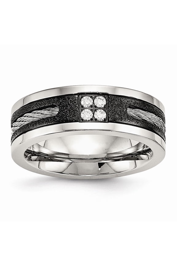 8mm Stainless Steel Polished Laser Cut Blk Ip Wire Inlay Cubic Zirconia Band Ring - Size 8