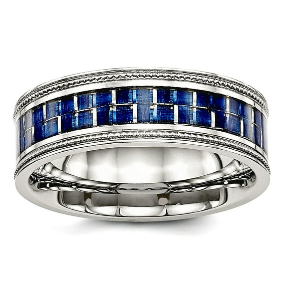 8mm Stainless Steel Polished With Blue Carbon Fiber Textured Edge Ring Size 9 Ring for Women