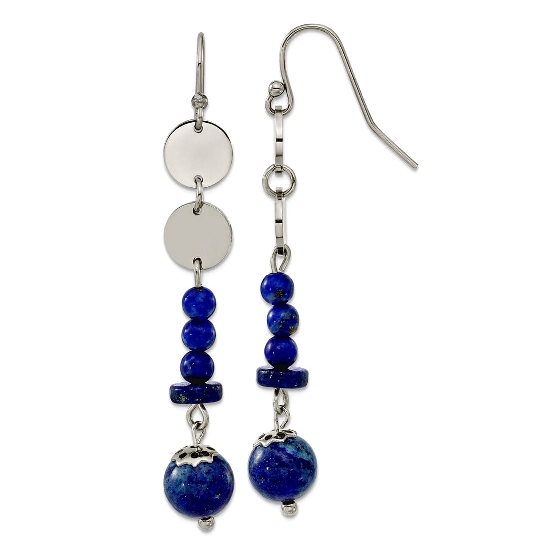 8mm Stainless Steel Polished With Lapis Beads Dangle Shepherd Hook Earrings 59x8mm Wide Dangle Earring for Women