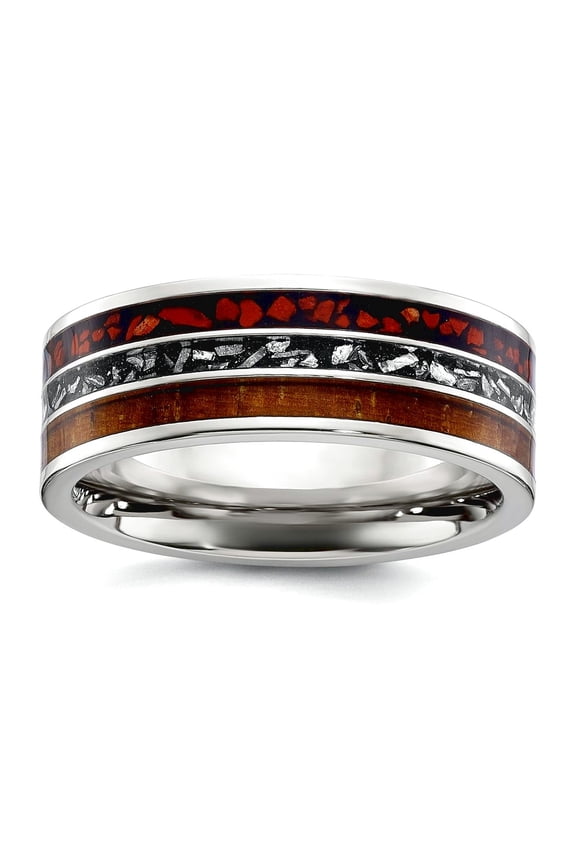 8mm Stainless Steel Polished With Wood Imt. Meteorite Redstone Inset Band Size 9 Ring for Women and Men