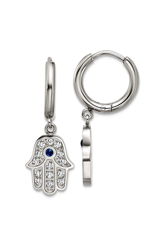 8mm Stainless Steel Polished Zircon Hamsa Dangle Hoop Earrings 23.5x8mm Wide 1.6mm Thick Hoop Earring for Women