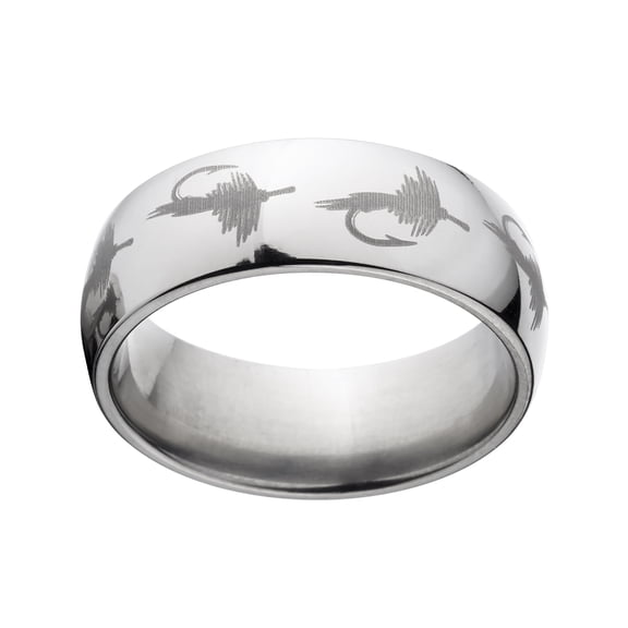 8mm Stainless Steel Ring With Lasered Fly Fish Hooks