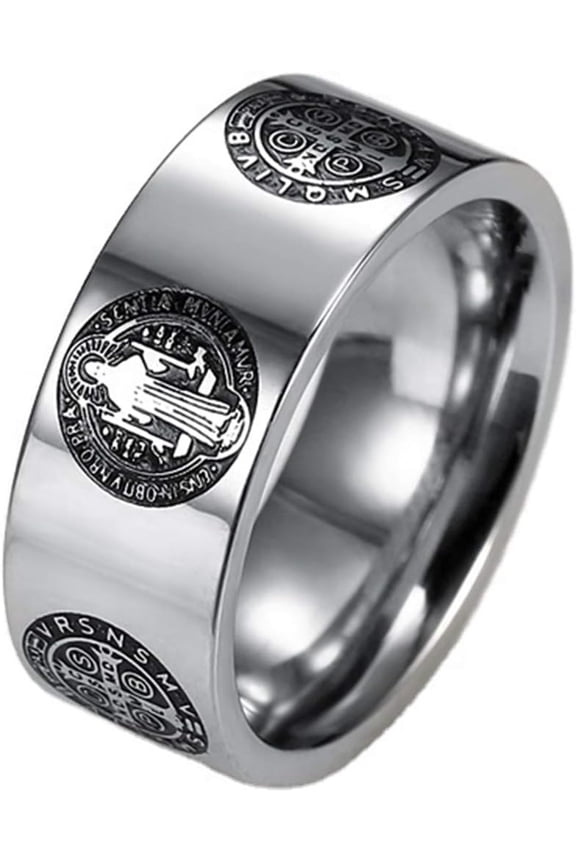 8mm Stainless Steel Saint Benedict Exorcism Ring Jesus Cross Demon Protection CSBP
