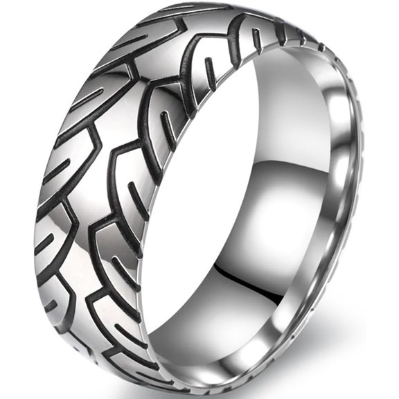 8mm Stainless Steel Wheel Tire Pattern Wedding Band Biker Statement Ring