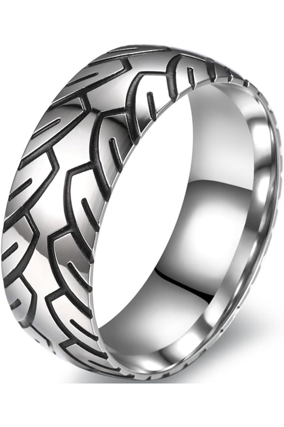 8mm Stainless Steel Wheel Tire Pattern Wedding Band Biker Statement Ring