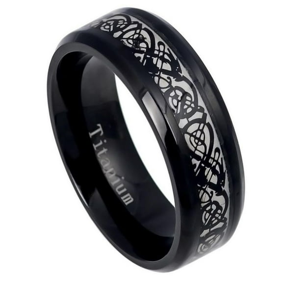 8mm Titanium Band Black IP Plated with Black IP Celtic Design Inlay Wedding Band Ring Men Or Ladies