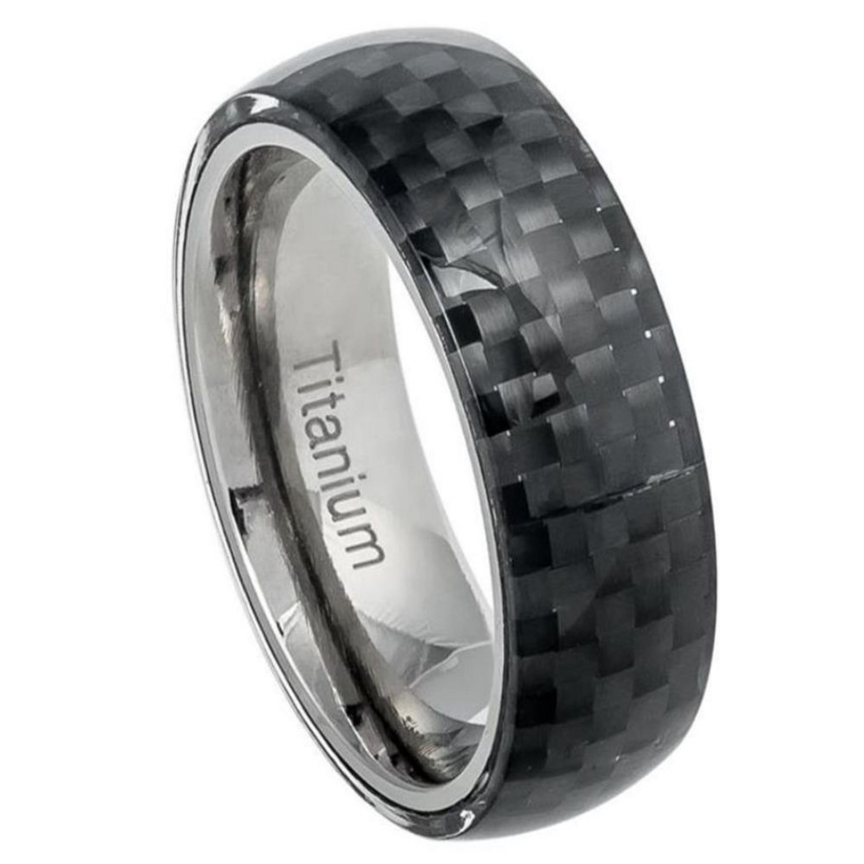 8mm Titanium Band Domed Black Carbon Fiber Overlay Wedding Band Ring 8mm Titanium Band Domed Black Carbon Fiber Overlay Wedding Band Ring