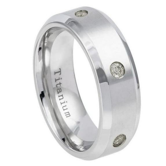 8mm Titanium Band White IP Plated Brushed Center with 6 CZs, Shiny Stepped Edge Wedding Band Ring Men Or Ladies