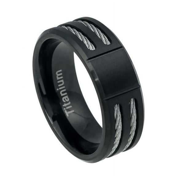 8mm Titanium Black IP Beveled with Brushed Center and Double Cable Inlay Wedding Band Ring For Men Or Ladies