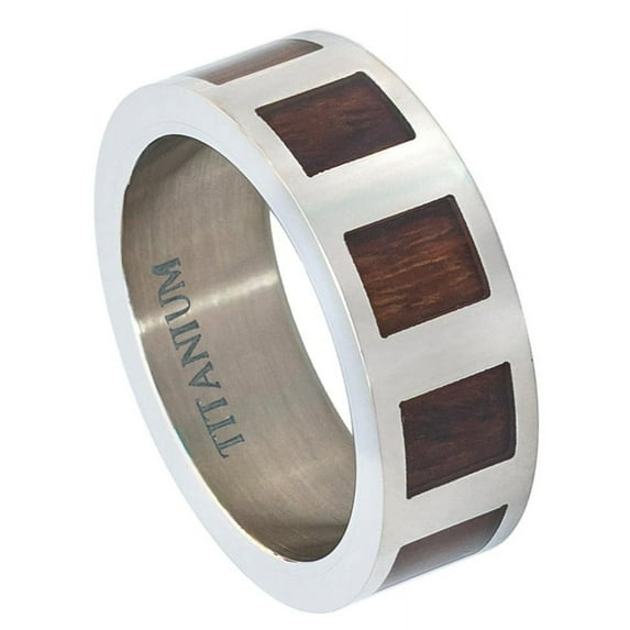 8mm Titanium Flat with Square Hawaiian Koa Rosewood Inlay Wedding Band Ring For Men Or Ladies